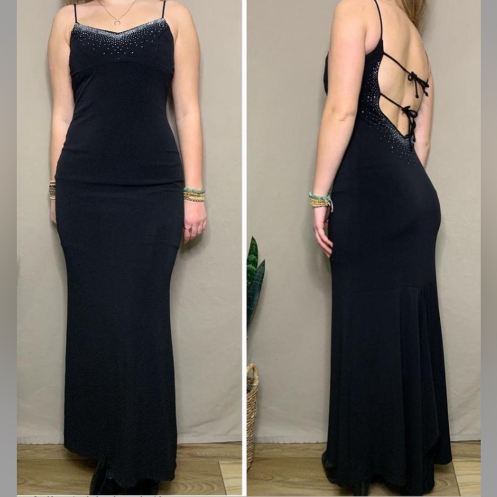 90s BLACK MAXI BEDAZZLED PROM DRESS